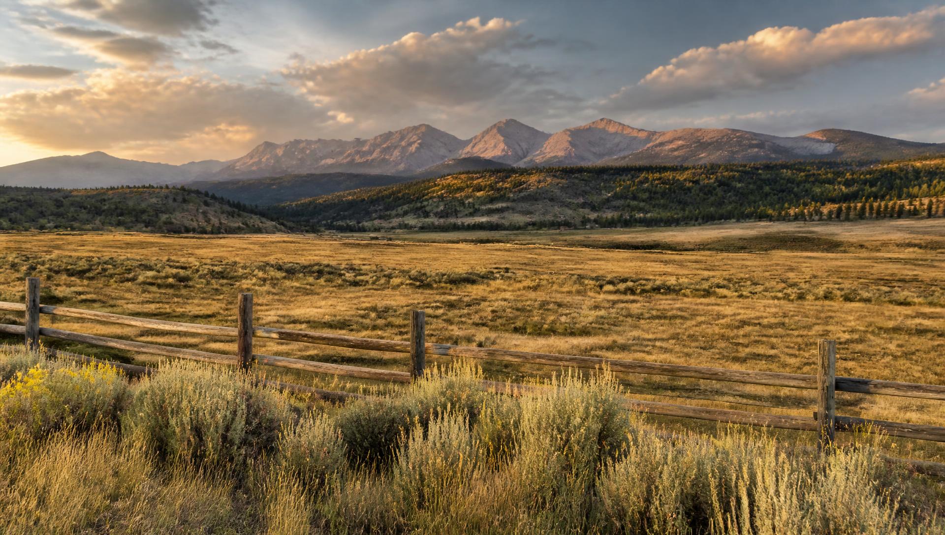 Open pasture and wooden fence line on ranch land below the mountains of Southwest Colorado